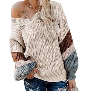 Exlura V Neck Balloon Sleeve Sweater